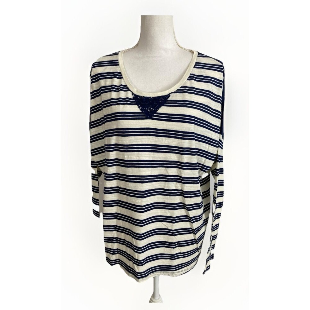 Red Camel Womens L Blue White Stripe Lace Insert Long Sleeve Preppy Casual Top